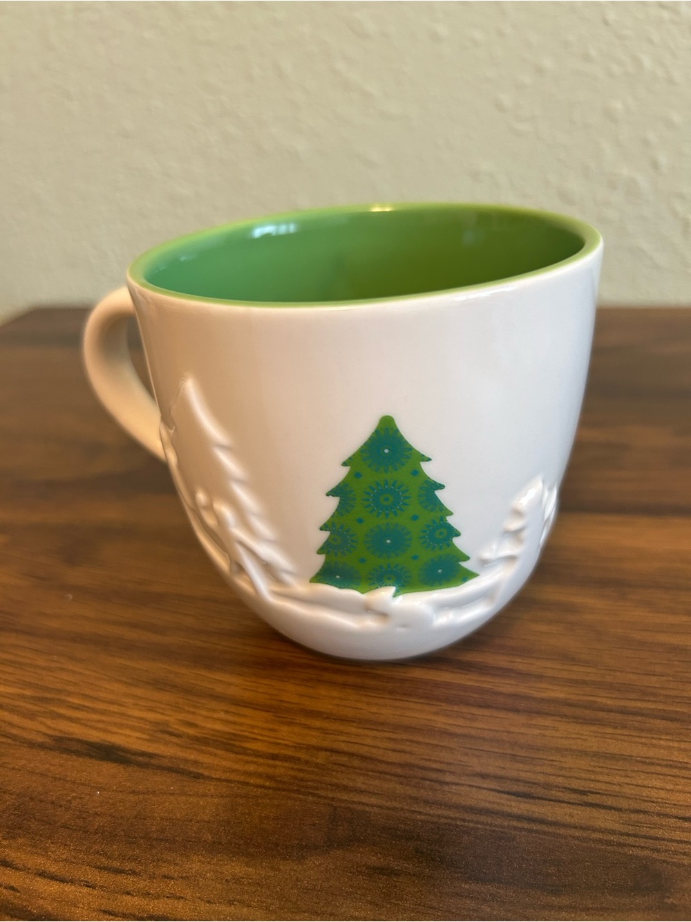 Starbucks White Mug with Bright Green Interior and Tree Motif